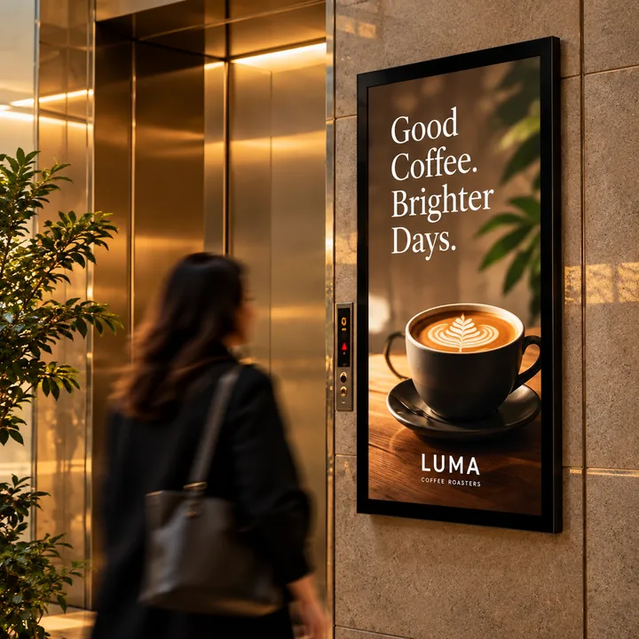 Illustrative coffee advertisement on a digital screen in a Tbilisi elevator lobby