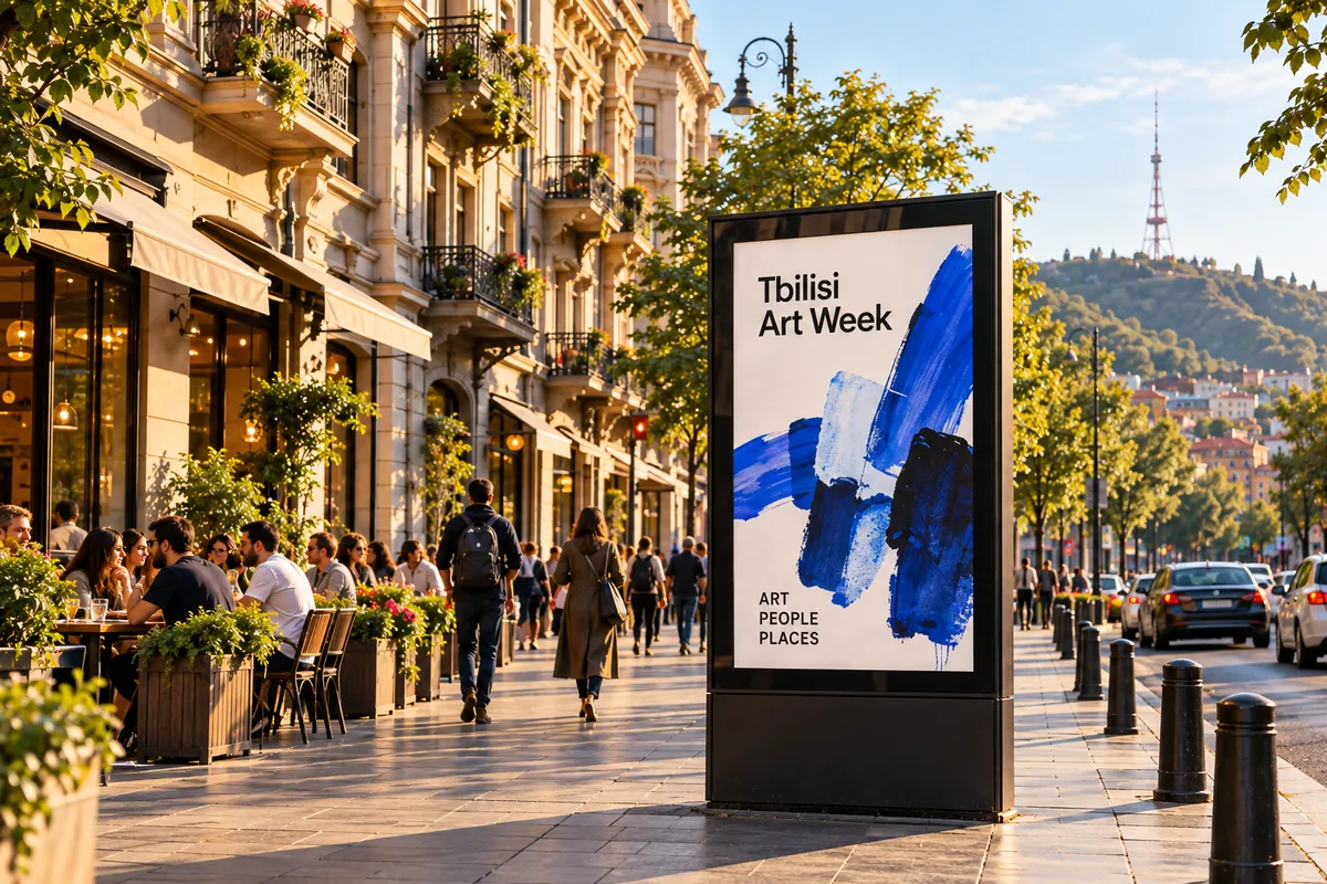Illustrative art campaign on a digital kiosk on a Tbilisi street