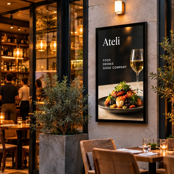 Illustrative digital advertising screen beside a Tbilisi restaurant entrance